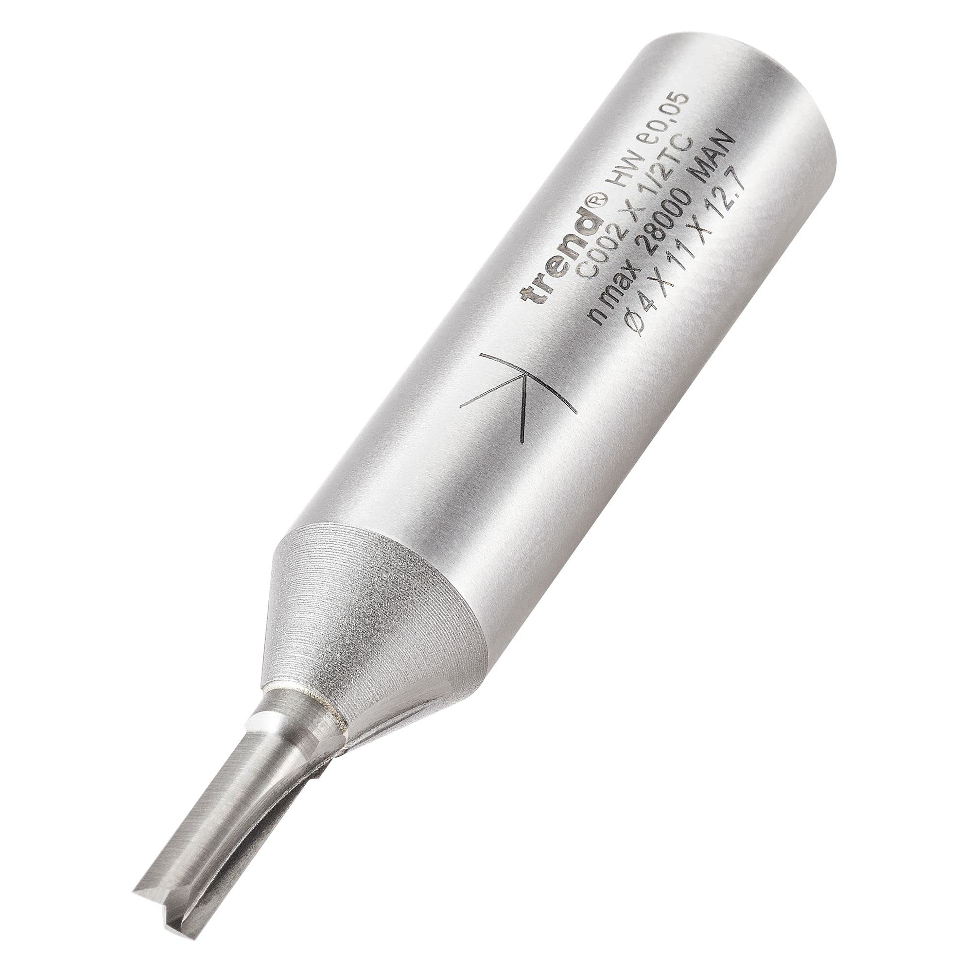 Trend CraftPro Straight Two Flute Router Cutter, 1/2 Inch Shank, 4mm Cut Diameter & 11.1mm Cut Length, Tungsten Carbide Tipped, C002X1/2TC