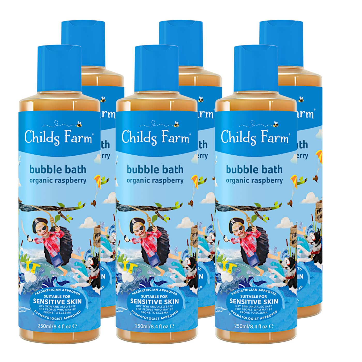 Childs Farm Kids Bubble Bath Organic Sensitive Skin Cleans Hydrates Skin, Raspberry, 250 ml (Pack of 6), 1500 Millilitre