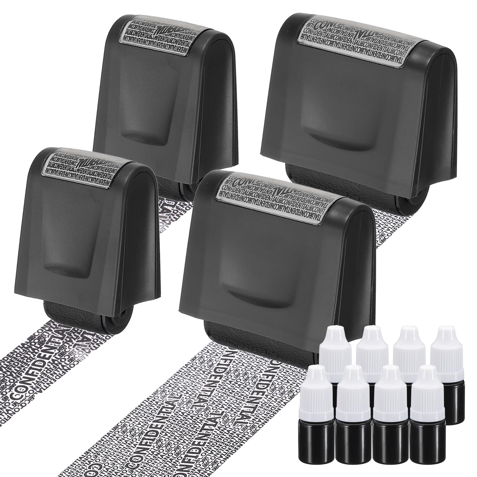 PATIKIL Identity Theft Protection Roller Stamp, 4Pcs 0.7/1.7" Confidential Roller Stamp Privacy ID Police Stamp Roller for Security ID Address with 8Pcs Refills, Black