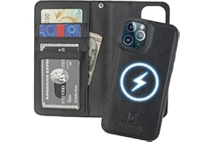Bocasal for iPhone 12/12 Pro Wallet Case Compatible with MagSafe Wireless Charging, RFID Blocking Magnetic Leather Case with Card Slots Holder Kickstand Detachable Wrist Strap 6.1 Inch (Black)