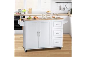Unovivy Large Kitchen Island Cart with Drop Leaf, Kitchen Island with Storage, Rolling Kitchen Island with Adjustable Shelf Inside Cabinet, 3 Drawers, Spice Rack, Towel Rack and Wood Table Top(White)
