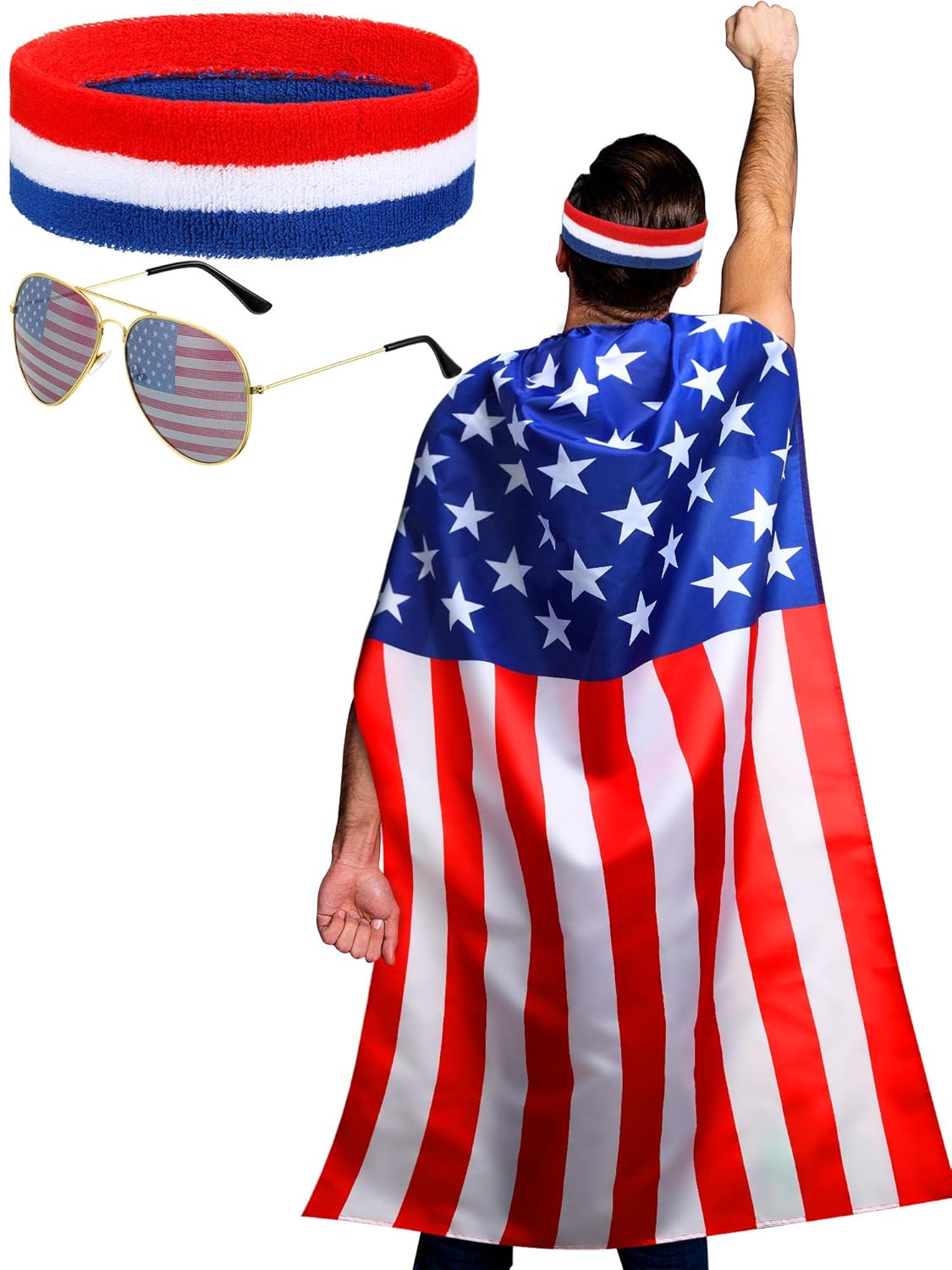 American Flag Costume Cape, Retro 80's American USA Sunglasses and USA Flag Headband for 4th of July Independence Day Celebration : Beauty