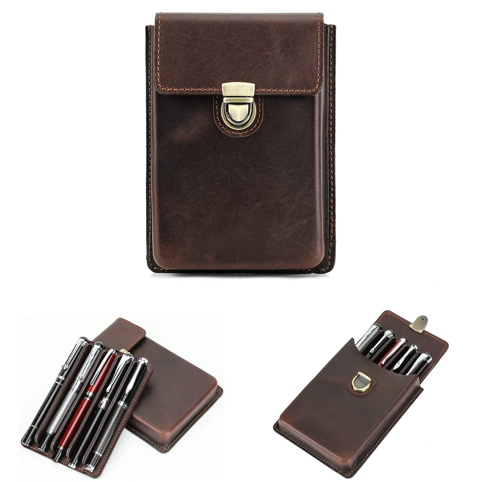Hiram Leather Pen Case for 5 Pens Portable Genuine Leather Fountain Pens Storage Case with Secured Brass Lock Closure and Type Removable Pen Tray Design (Coffee)