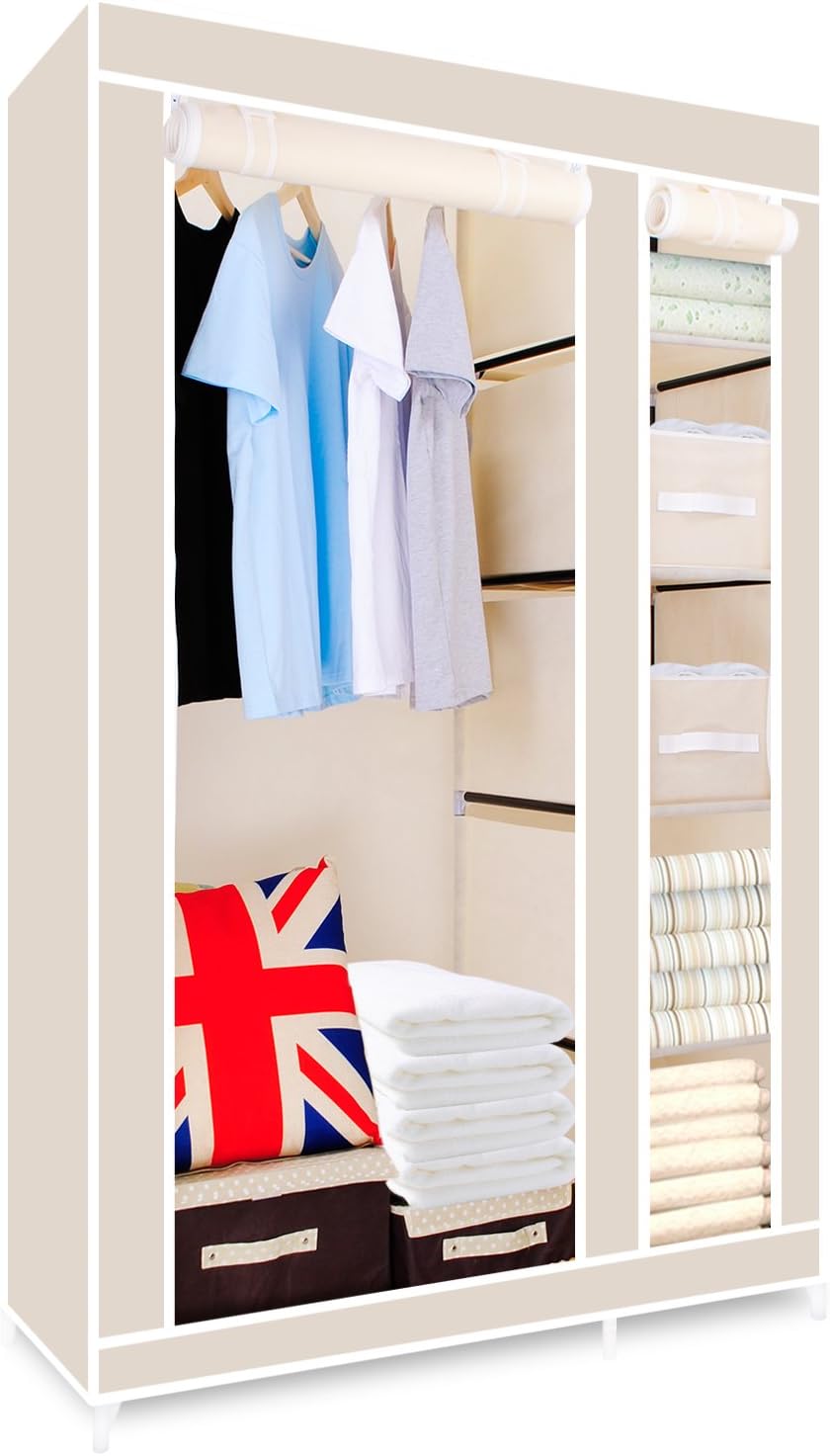 HST Mall Double Canvas wardrobe Cupboard Clothes Storage Solution with Hanging Rail + Storage Shelves 110cm x 45cm x 175cm Beige