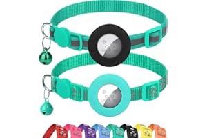 Erbine 2 Pack Airtag Cat Collars, Reflective Cat Collar with Silicone Airtag Holder and Bell, Breakaway Cat Collars with Round Safety Buckle for Boy and Girl Cats, Adjustable for 7.5-12.5", Turquoise