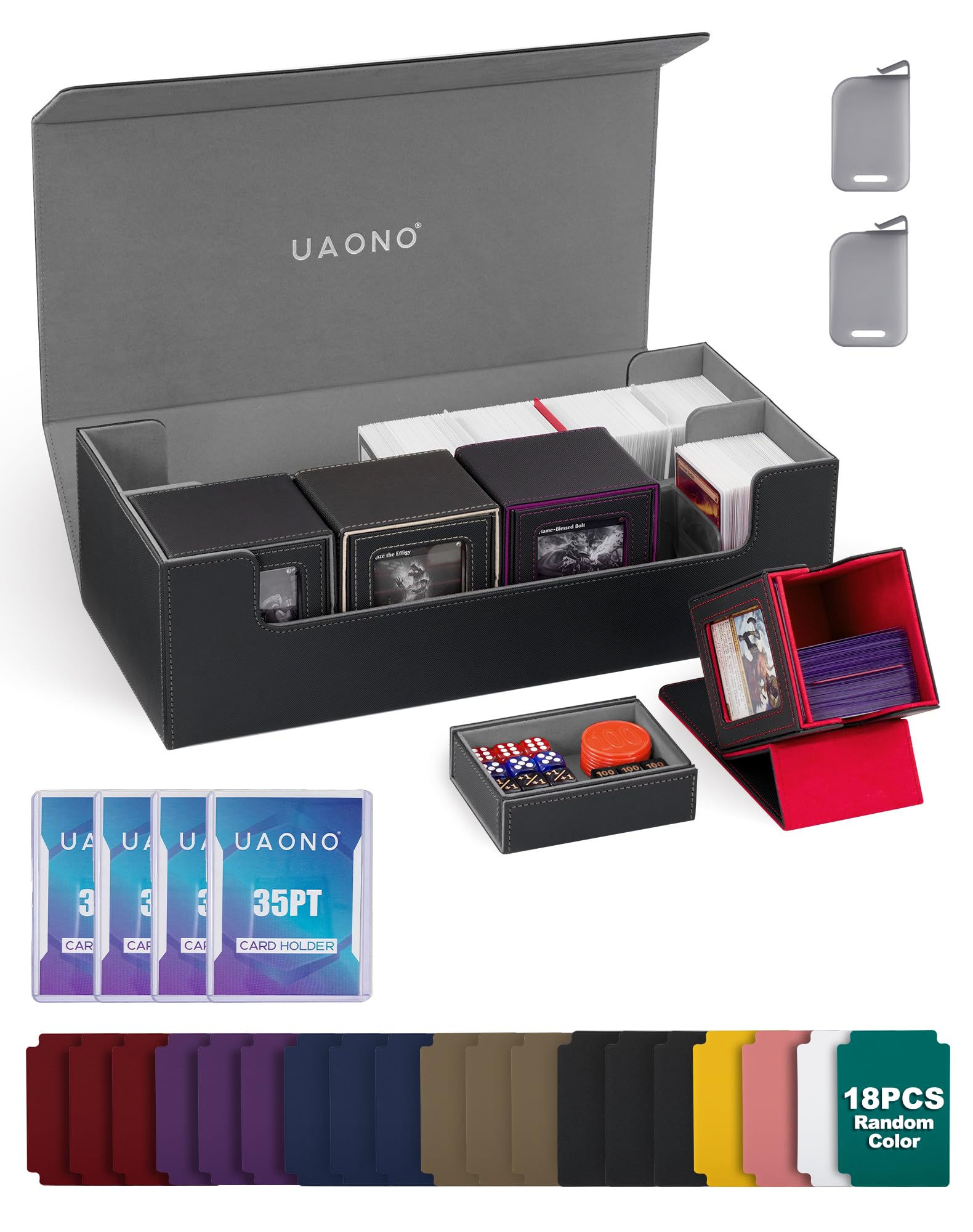 Photo 1 of UAONO Card Storage Box for Trading Cards, 5 in 1 Card Deck Case with 4 Pcs Small Commander Deck Box, Large Card Box for MTG/TCG/PTCG Magic Sports Cards Game Playmat (Black, Gray)