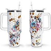 Mindunm 40 oz Bee Tumbler with Handle and Straw Lid - Bee Themed Gifts for Beekeepers and Lovers - Double Insulated Travel Coffee Mug