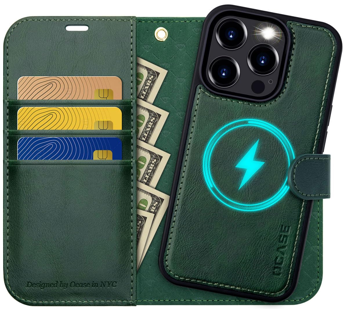 OCASE for iPhone 15 Pro Max Detachable Case, Magnetic Removable 2 in 1 Flip PU Leather Wallet Case with[Kickstand][RFID Blocking][Card Holder] Shockproof Phone Cover,Green — image 1
