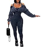 Voghtic Women's Sexy v Neck Bodycon Jumpsuit Distressed Long Sleeve Full Length Leggings Stretch One Piece Outfits