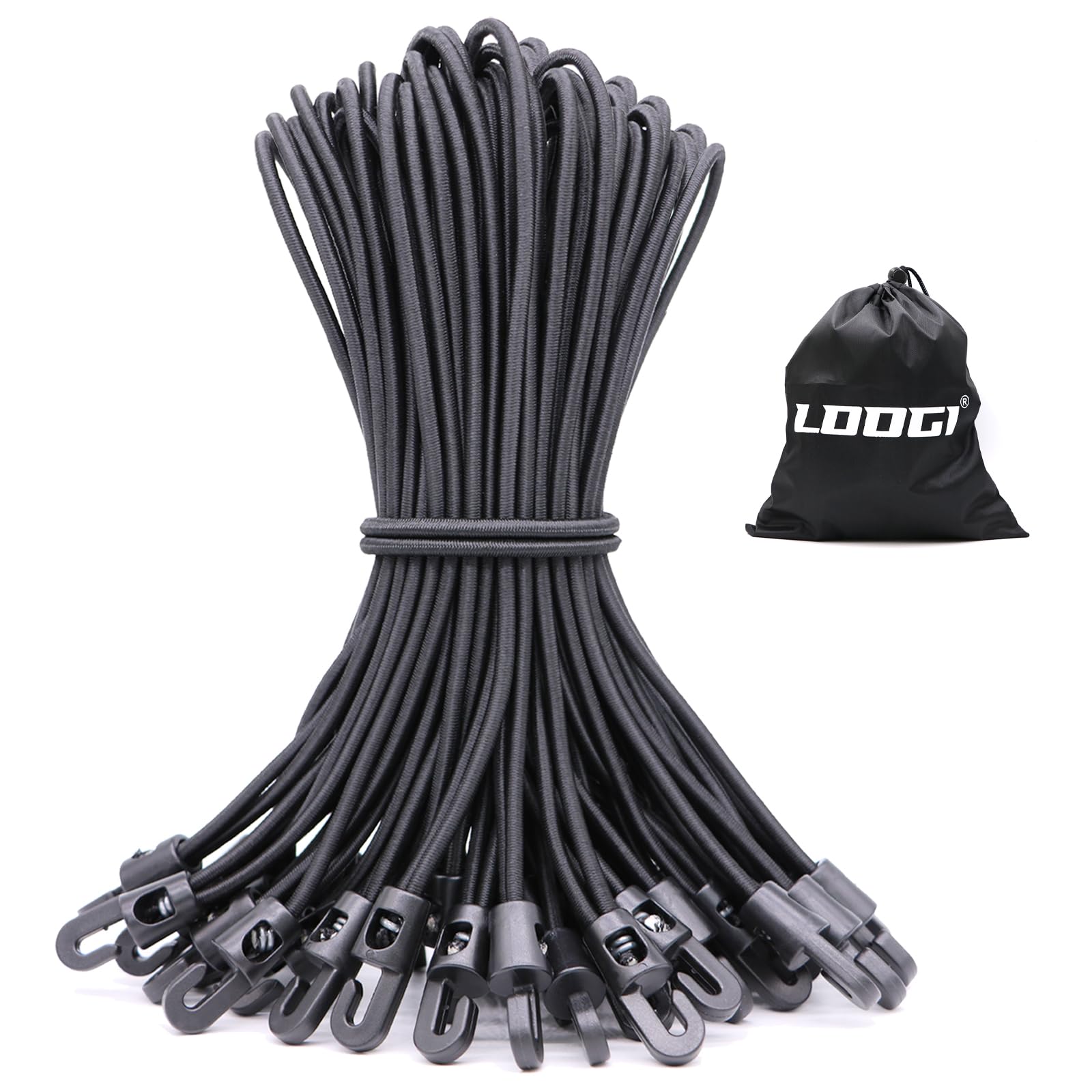 LOOGI Bungee Cords with Hooks 25 Pcs 10 Inch Elastic Bungee Ropes with Hooks - Short Tarpaulin Hooks - Small Bungee Rope (25, Black, 10 Inch)