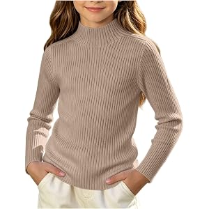 Boys Girls Cotton Long Sleeve Sweaters Fall Mock Neck Pullover Tops Kids Casual Slim Fit Stretch Ribbed Knit Sweater