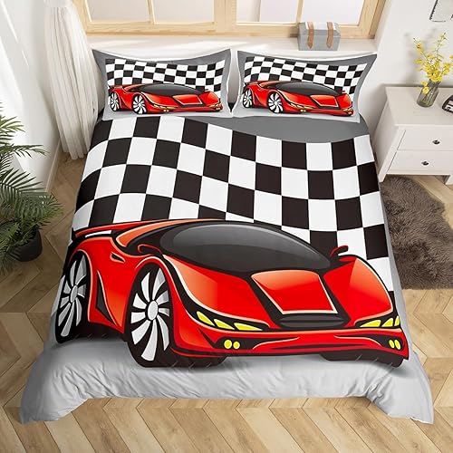 Homewish Red Racing Car Bedding Kids King Size Duvet Cover Sets for Boys Teenagers Man Extreme Sports Car Comforter Cover, Black And White Grid Plaid Bedding & Linen, 2 Pillowcases