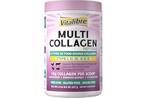 Vitalibre Multi Collagen Peptides Powder Type I II III V X, Hydrolyzed Collagen Protein for Women and Men, Skin, Hair, Nails, Unflavored, Non-GMO, Keto & GF, Zero Sugar, 22 Servings, 8oz
