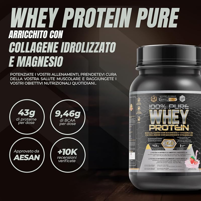 Whey Protein | Proteina Whey pura con Collagene e Magnesio | Migliora i tuoi allenamenti | Protegge e aumenta la massa muscolare | 1000g di proteina (Fragola)