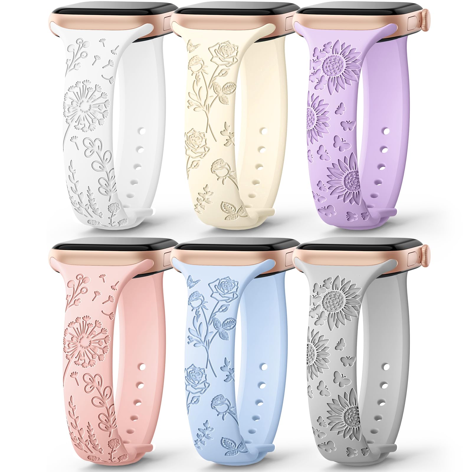 AMSKY 6 Pack Slim Floral Engraved Bands Compatible with Apple Watch Band 40mm 41mm 42mm 38mm 44mm 45mm 46mm 49mm for Women,Cute Silicone Sport Strap for iWatch Series 11 10 Ultra 9 8 7 6 5 4 3 2 1 SE