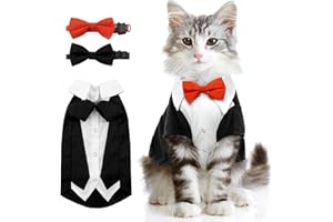 DENTRUN Tuxedo Suit with Two Bow Tie, Stylish Cat Shirt Formal Outfit, Hairless Cat Fashion Apparel Fancy Clothes, Kitten Formal Attire Wedding Onesie Costume