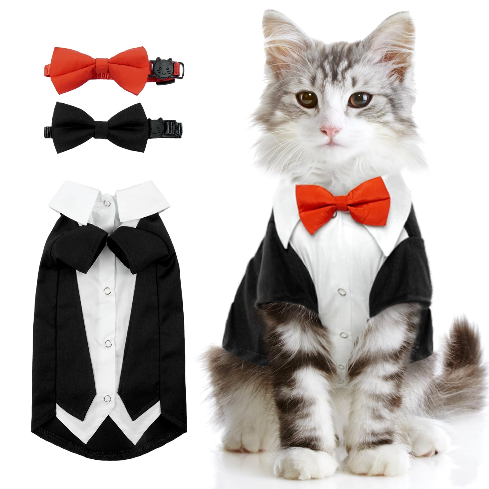 Photo 1 of DENTRUN Tuxedo Suit with Two Bow Tie, Stylish Cat Shirt Formal Outfit, Hairless Cat Fashion Apparel Fancy Clothes, Kitten Formal Attire Wedding Onesie Costume