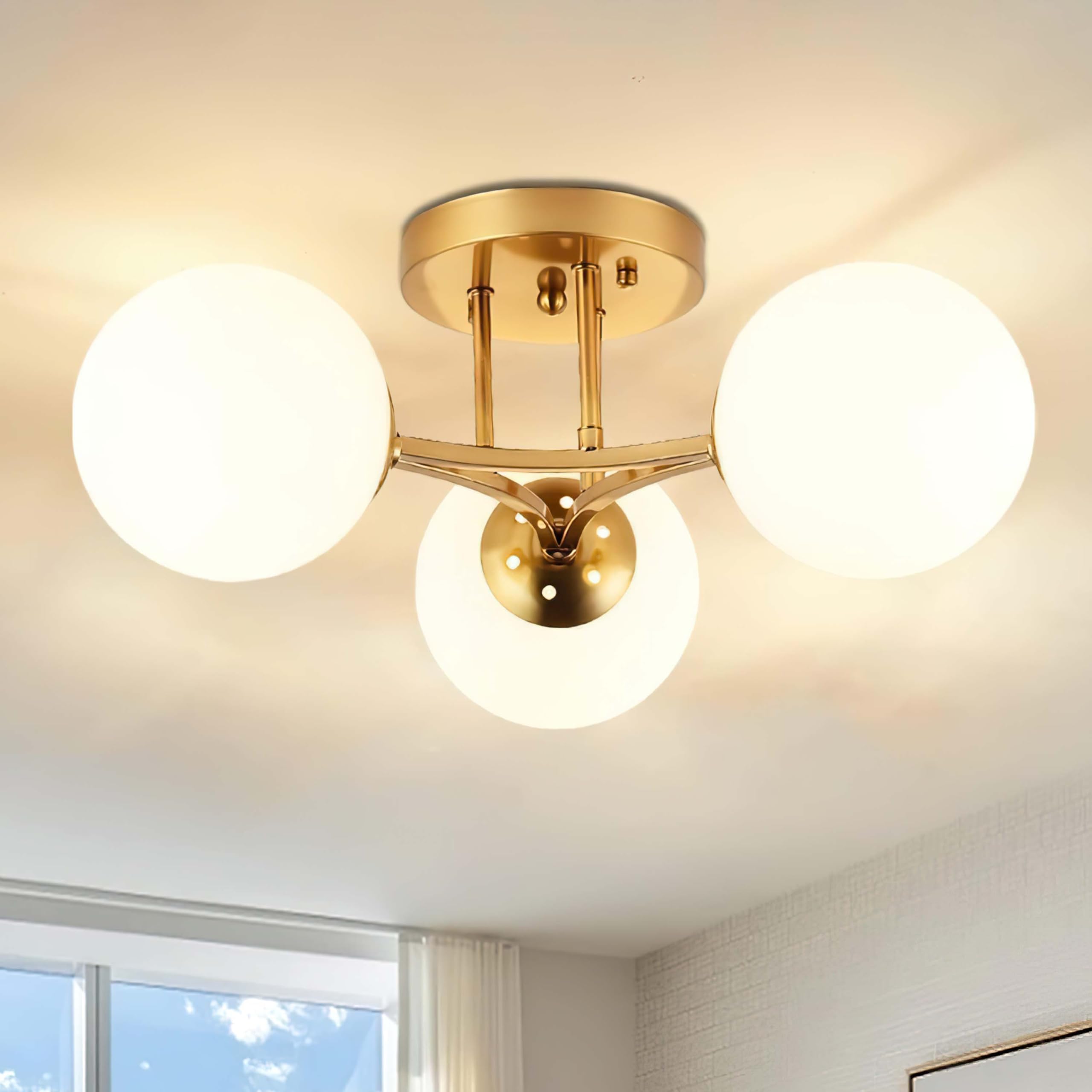 Photo 1 of Bagood 3 Lights Globe Mid Century Ceiling Light Modern Semi Flush Mount Ceiling Light Sputnik Chandeliers with Milk Glass Shade Gold Chandeliers for Living Room Dining Room Bedroom