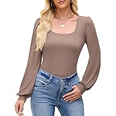 Womens Puff Long Sleeve Tops Square Neck Ribbed Knit Slim Fit Blouse Basic Tee Tops Elegant T Shirts