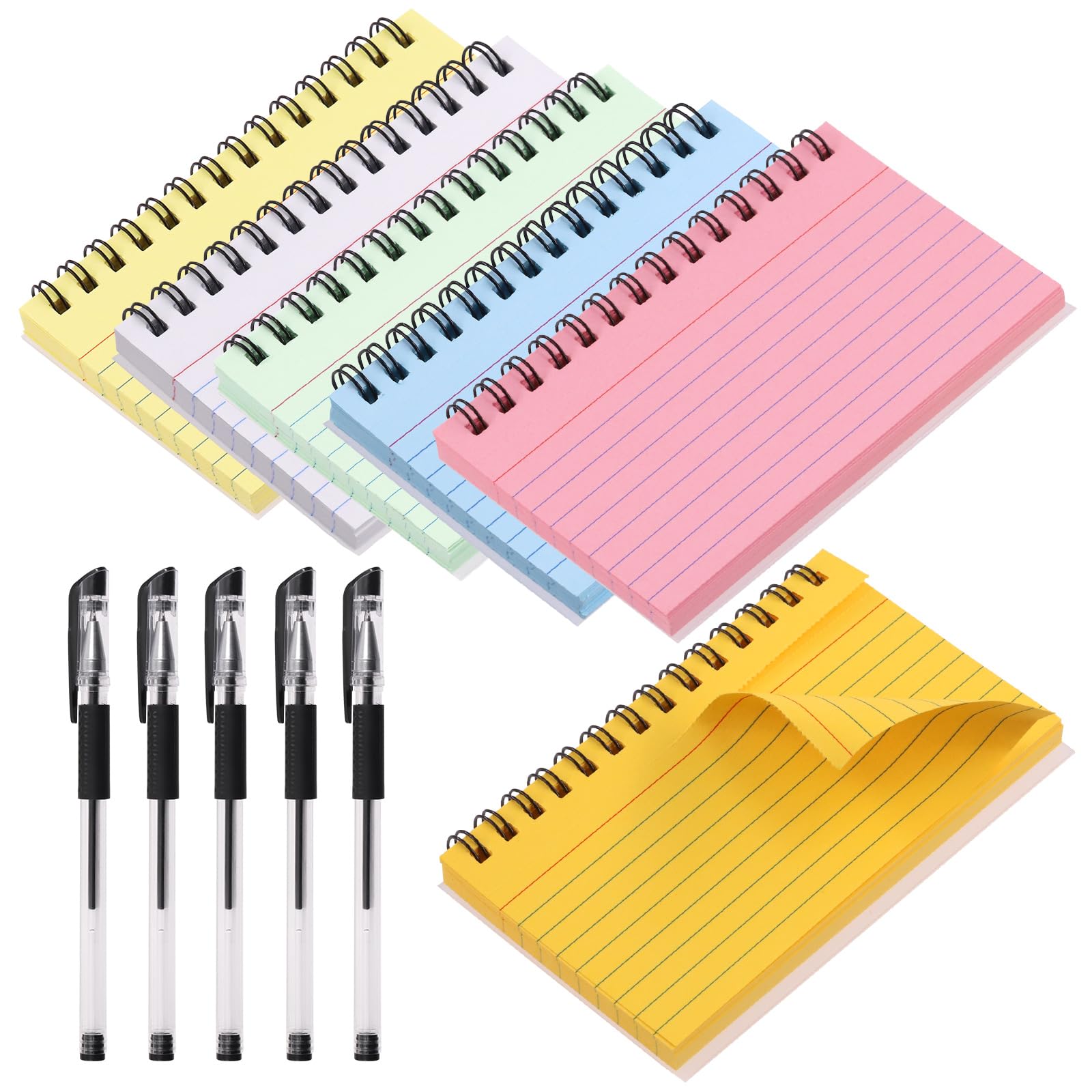 Rustark 300Pcs 3 x 5 Inches / 7.5 x 12.7cm 6 Colors Ruled Index Cards with Spiral Easy Tear Notepads Flash Card Study Note Cards with Spiral for Office School Learning Memory