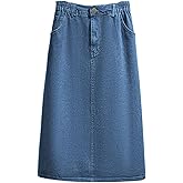 CHARTOU Women's Summer Casual Elastic Waist Pockets Work Midi Denim A Line Skirt