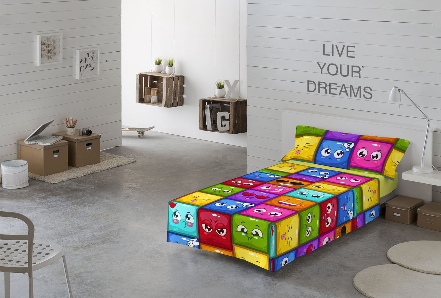 Naturals 3-Piece Bed Sheet Set for 90 cm Hello Emoticons, 100% Cotton, Multicoloured, 90 x 190 cm
