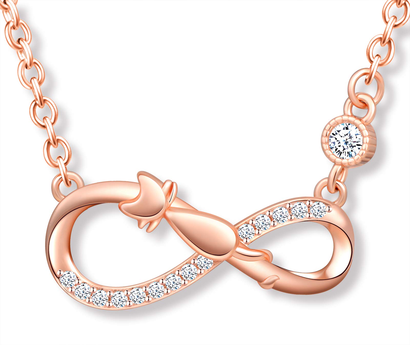 MicLee Women's girl's Necklace pendant, 925 Sterling Silver necklace, Cute cat and infinity symbol necklace, Unique animal design necklace pendant, Inlaid zircon, shining pendant, rose gold