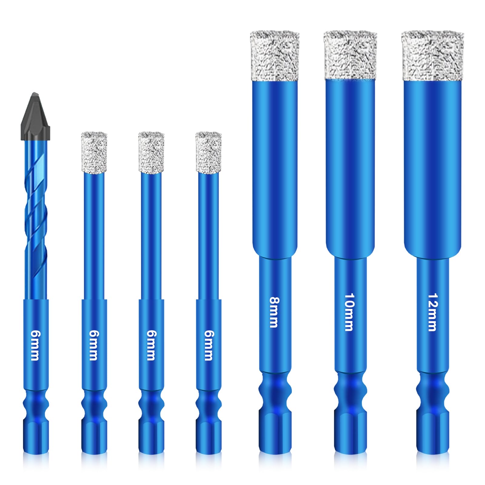 Pilikoll 7 Pcs Diamond Core Drill Bit Set - Diamond Drill Bit with Hex Shank - Vacuum Brazed Hole Saw - For Glass, Ceramic, Porcelain, Marble (6/6/6/8/10/12/6mm)