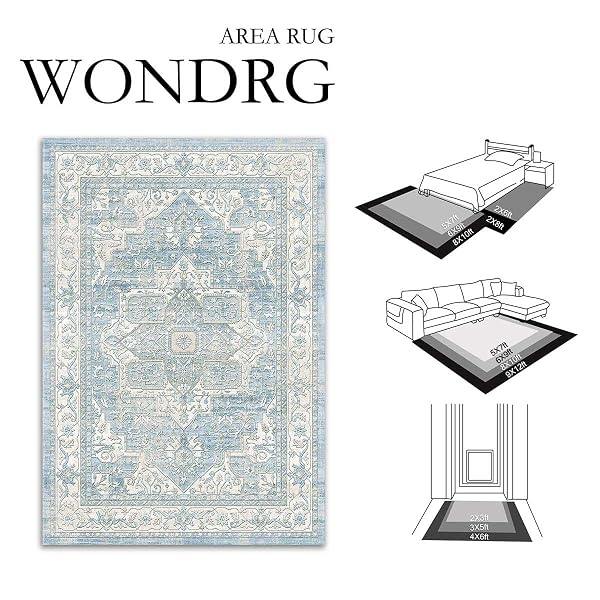 WONDRG 5X7 WASHABLE VINTAGE AREA RUG BLUE ORIENTAL LIVING ROOM BEDROOM THROW RUG NEUTRAL NON SLIP SOFT LOW PILE CARPET FOR DINING ROOM OFFICE NURSERY INDOOR