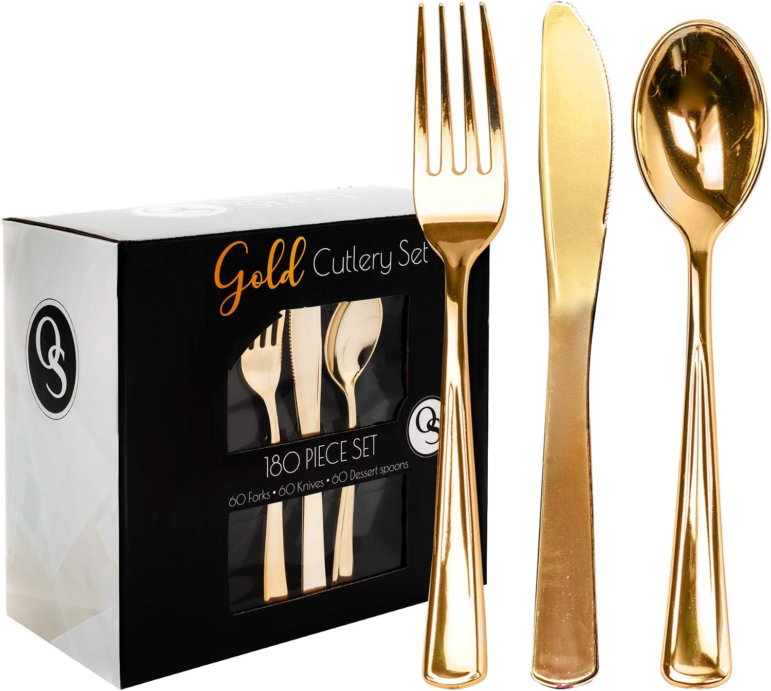 MATANA, 180 Elegant Gold Plastic Cutlery Set, 60 Knives, 60 Forks, 60 Spoons, Hand Washable