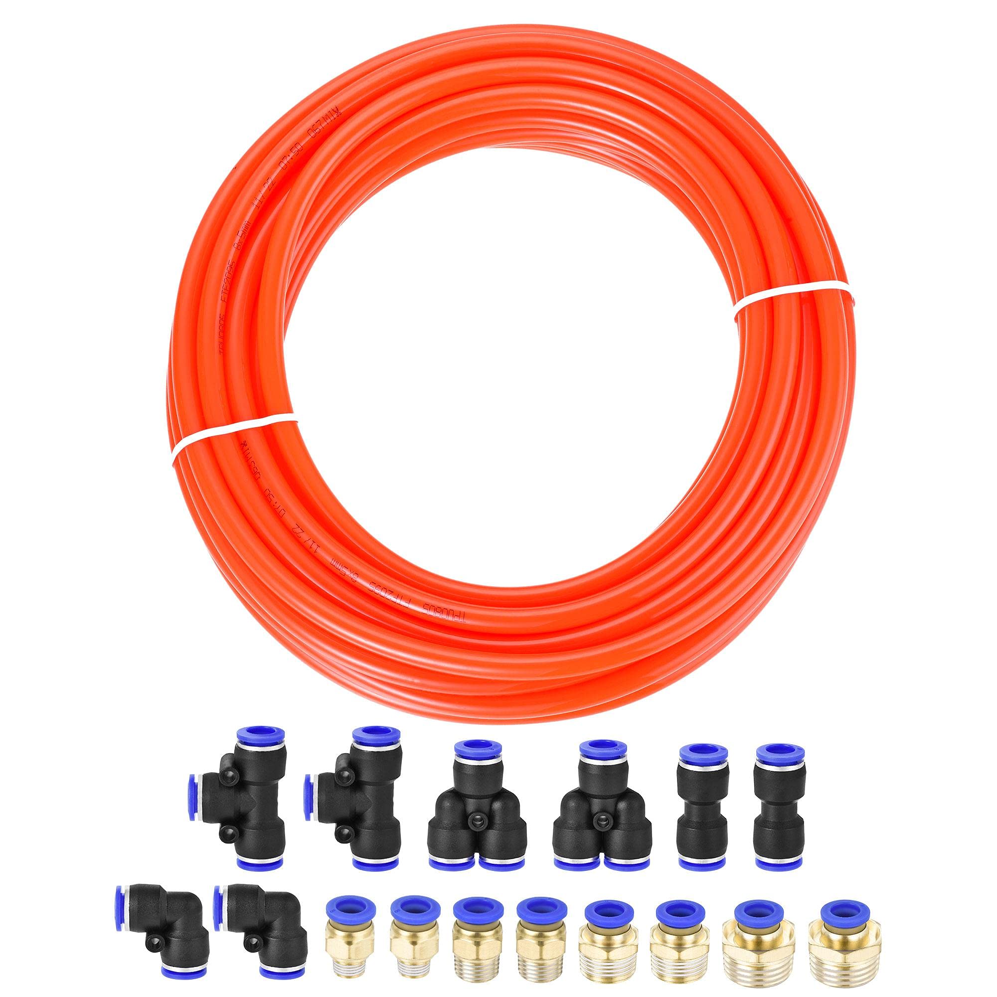 sourcing map Pneumatic 8mm OD Polyurethane PU Air Hose Tubing Kit 10 Meters Orange with 16 Pcs Push to Connect Fittings