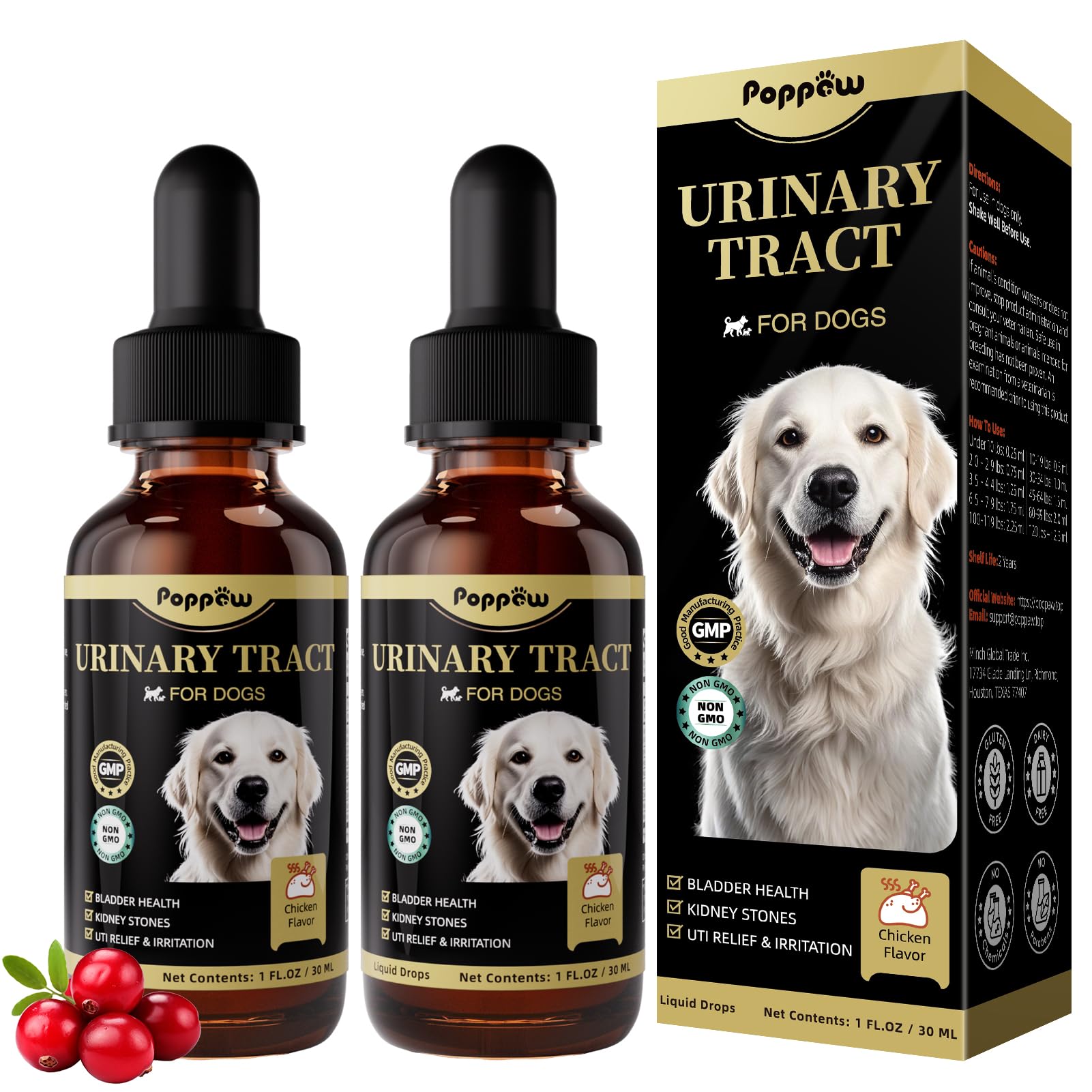 Photo 1 of (2 Pack) POPPAW Dog UTI Treatment & Urinary Tract Support – Natural Herbal Drops with High Cranberry Extract, Vitamin B6 for Urine pH Balance, Bladder & Kidney Function, Chicken Flavor, 2 OZ
