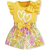 Vitalique 3-8 T Toddler Girls Clothing Set Ruffle Sleeve Bow Tie Top + Floral Shorts Set