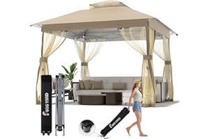 FUNG YARD 10x10 Outdoor Pop Up Gazebo - Instant Canopy Tent with Mosquito Nettings, Double Roof Vented Gazebo Canopy Shelter for Backyard Shade Party Garden Lawns (10x10ft Beige)