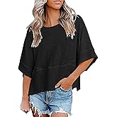 Aisongyuan Womens Fashion T-Shirt Crewneck 3/4 Sleeves Solid Color Loose Basic Tops Summer Casual Tees Blouses(Black,S)