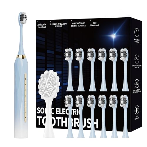 molux Sonic Electric Toothbrush Set, Equipped with 12 Brush Heads and 1 Face Brush Head, 42000 High-Frequency Vibration, 5 Modes and 2 mins Timer, One Charge for 90 Days for Adults and Kids