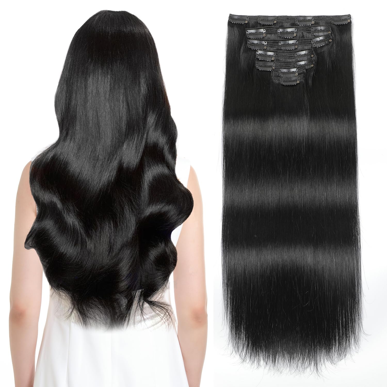 Photo 1 of Sisily Clip in Hair Extensions Real Human Hair, 24 inch 180g, Jet Black, 100% Brazilian Remy Human Hair Clip in Extensions Soft Straight 7pcs Per Set with 16 Clips Double Weft