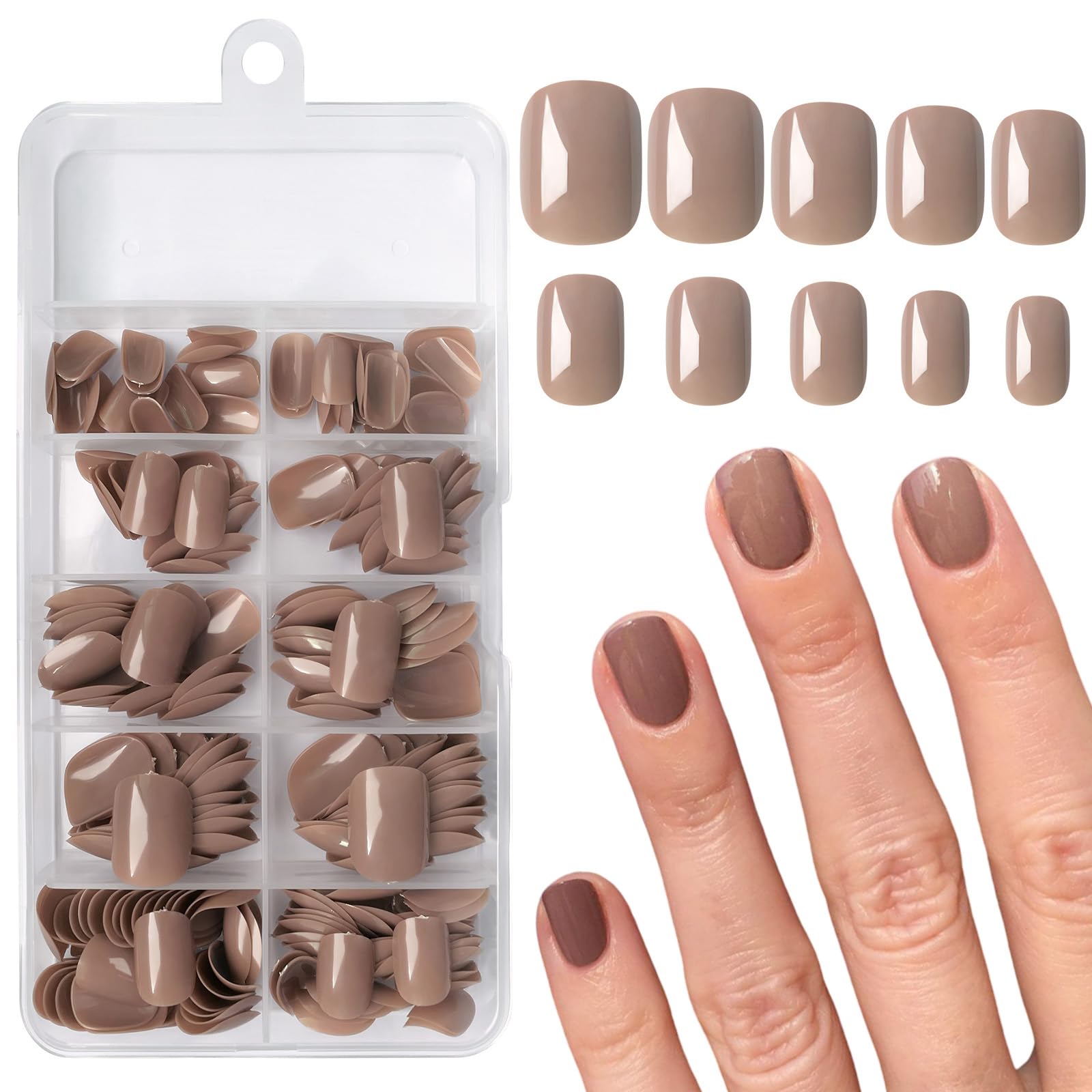 AddFavor 240pcs Press on Nails Short Square Fake Nails Glossy Full Cover Acrylic Artificial Glue on Nails Kit for Women and Girls, Brown Nails