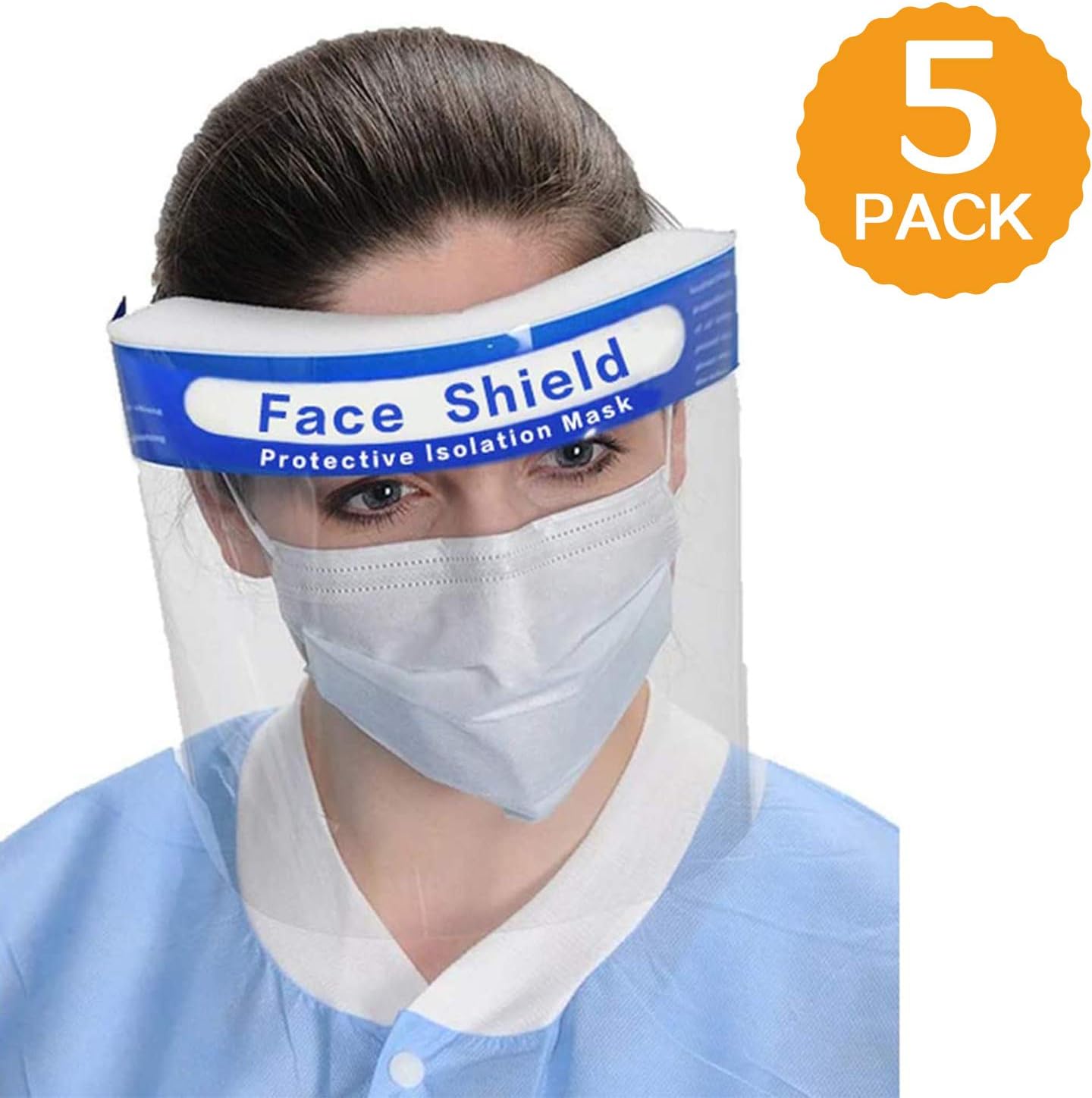 【FDA Approved】5 Pack Safety Face Shield Medical Full Face Protect Eyes and Face Plastic Dental Face Shield with Protective Clear Film Elastic Band and Comfort Sponge Ideal for Kids Adults