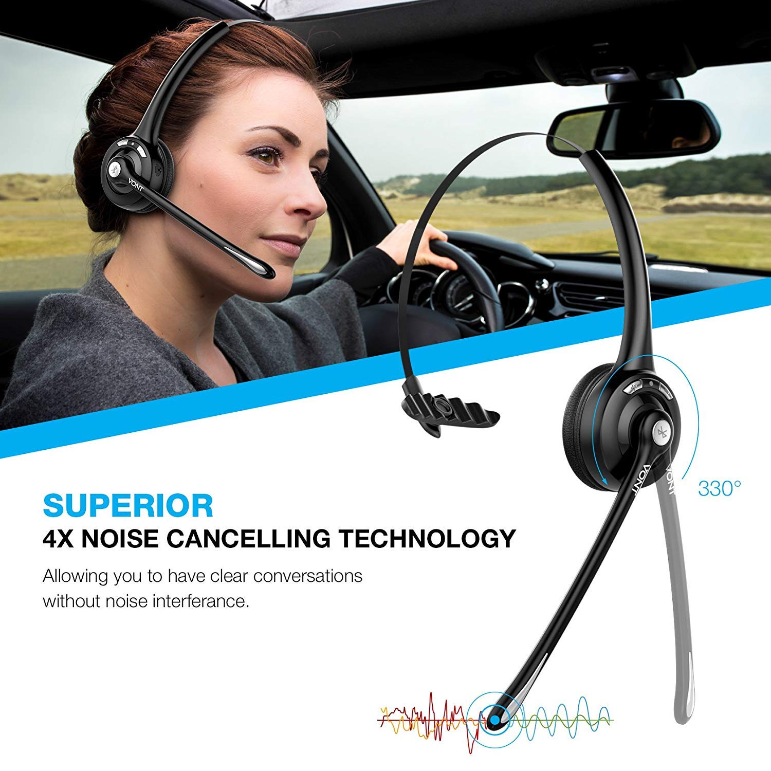 Bluetooth Headset with Microphone, Wireless Headset, Bluetooth Headphones with Mic, Portable Phone Headset, Headsets Suitable for VOIP, Skype, Call Centers, Offices, Truckers/Truck Drivers - Vont
