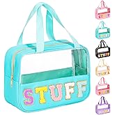 eurovicky Chenille Letter Patch Clear Makeup Bag, Preppy PVC&Nylon Makeup Bag with Handle and Zipper, Waterproof Large Clear Travel Toiletry Bag Storage Bag for Women