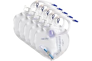 GlobalRoll Urinary Drainage Bag with Anti-Reflux Chamber, Bedside Drainage Bag 2000 mL with 48" Drainage Tube, Hook Hanger and Clips, Urine Bag with Metals Buckle for Home and Hospitals, 5 Pack