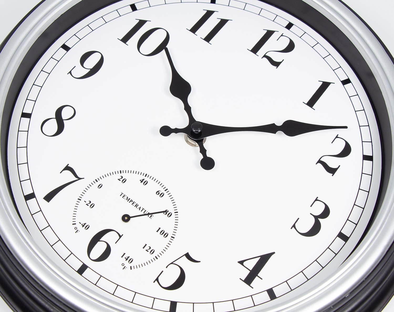 45Min 12 Inch Indoor/Outdoor Retro Round Waterproof Wall Clock with Thermometer, Silent Non Ticking Battery Operated Quality Quartz Wall Clock Home/Patio Decor(Silver F): Kitchen & Dining