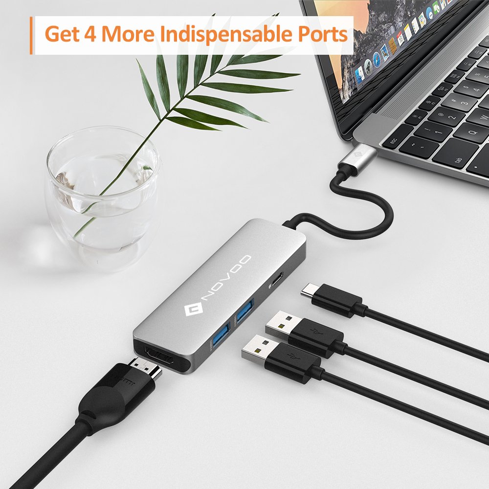 NOVOO USB C Hub Aluminium mit HDMI 4K Adapter, 2* USB 3.0 Anschlüssen, Ladeanschluss für 12\