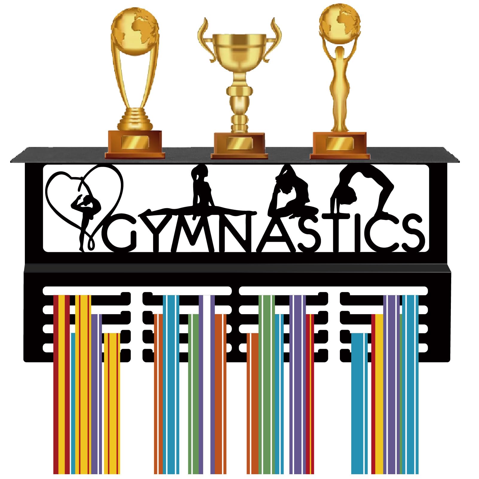 CREATCABIN Gymnastics Medal Hanger Display Trophy Shelf Medal Holder with Shelf Stand Sports 4 Rows Metal Hanging Wall Mount Hold 70+ Medals for Gymnastics Competition Ribbon Medals Rack 15.7x7.9Inch