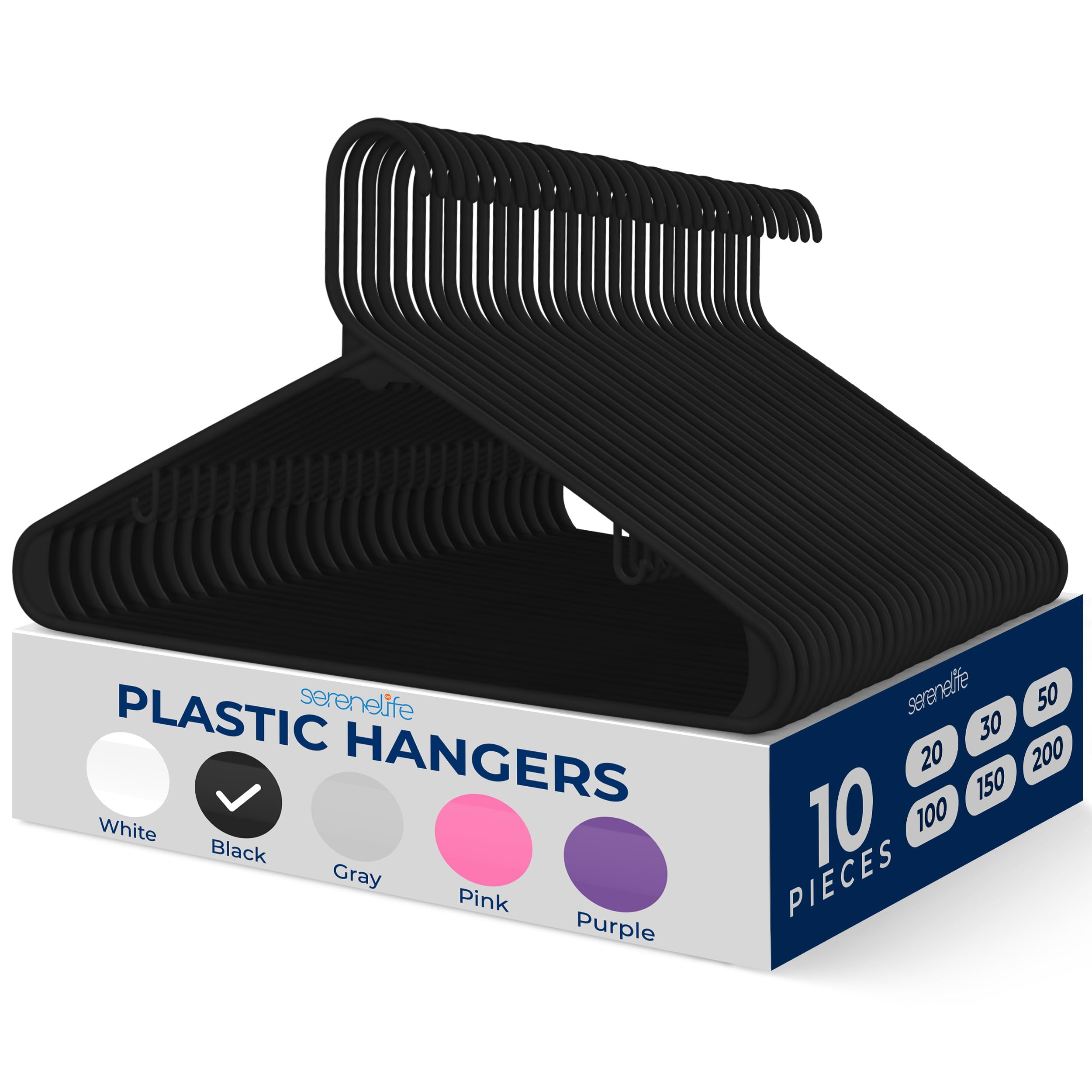 Photo 1 of SereneLife Premium 10 Pack Plastic Hangers, Lightweight, Durable, Space Saving Clothes Organizers, Suitable for Shirts, Sweaters, Hoodies, Dresses, Kids Clothes, Good for Home Organization (Black)