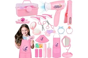 TSDATOWR Hair Salon Toys for Girls, Kids Pretend Hair Styling Kit with Realistic Hairdryer, Straightener, Stylist Apron & Scissors Accessories, Beauty Makeup Set Christmas Birthday Gifts for Toddler 3 4 5 6+