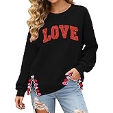 PECHAR Valentine Sweatshirts Women Love Valentines Shirts Embroidered Crewneck Long Sleeve Tops With Side Heart Applique
