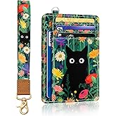Yonlevres Cat Flower Credit Card Holder Slim Wallet, RFID Wallet Women Front Pocket Wristlet Lanyard, Small Card Holder Travel Funny Cute Thin ID Window PU Leather Case Organizer Gifts Girl