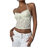 SHENHE Women's Y2k Open Back Halter Crop Top Floral Embroidered Boho Sexy Beach Tank Cami